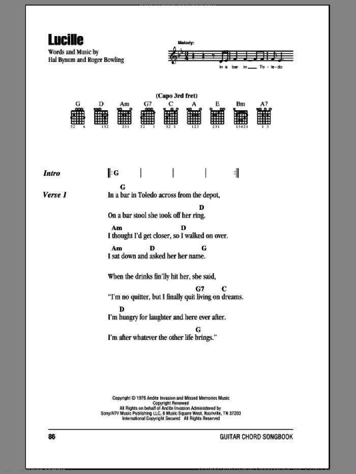 Lucille sheet music for guitar (chords) by Kenny Rogers, Hal Bynum and Roger Bowling, intermediate skill level