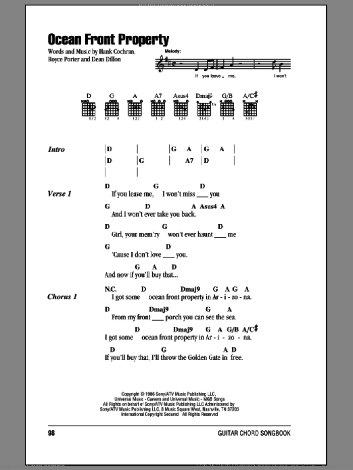 Ocean Front Property sheet music for guitar (chords) by George Strait, Dean Dillon, Hank Cochran and Royce Porter, intermediate skill level