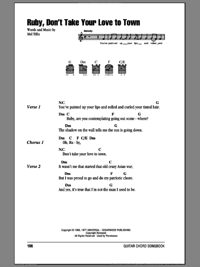 Ruby, Don't Take Your Love To Town sheet music for guitar (chords) by Kenny Rogers, Johnny Darrell and Mel Tillis, intermediate skill level