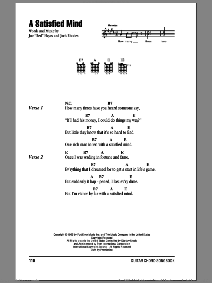 A Satisfied Mind sheet music for guitar (chords) by Porter Wagoner, Jean Shepard and Jack Rhodes, intermediate skill level