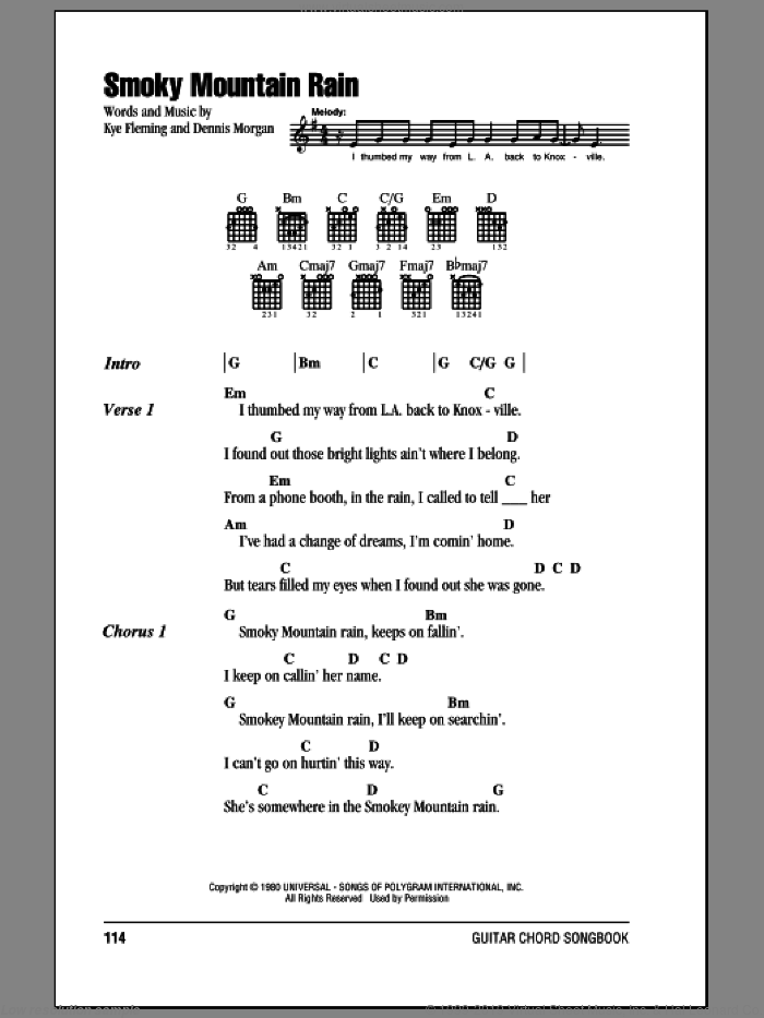 Smoky Mountain Rain sheet music for guitar (chords) by Ronnie Milsap, Dennis Morgan and Kye Fleming, intermediate skill level