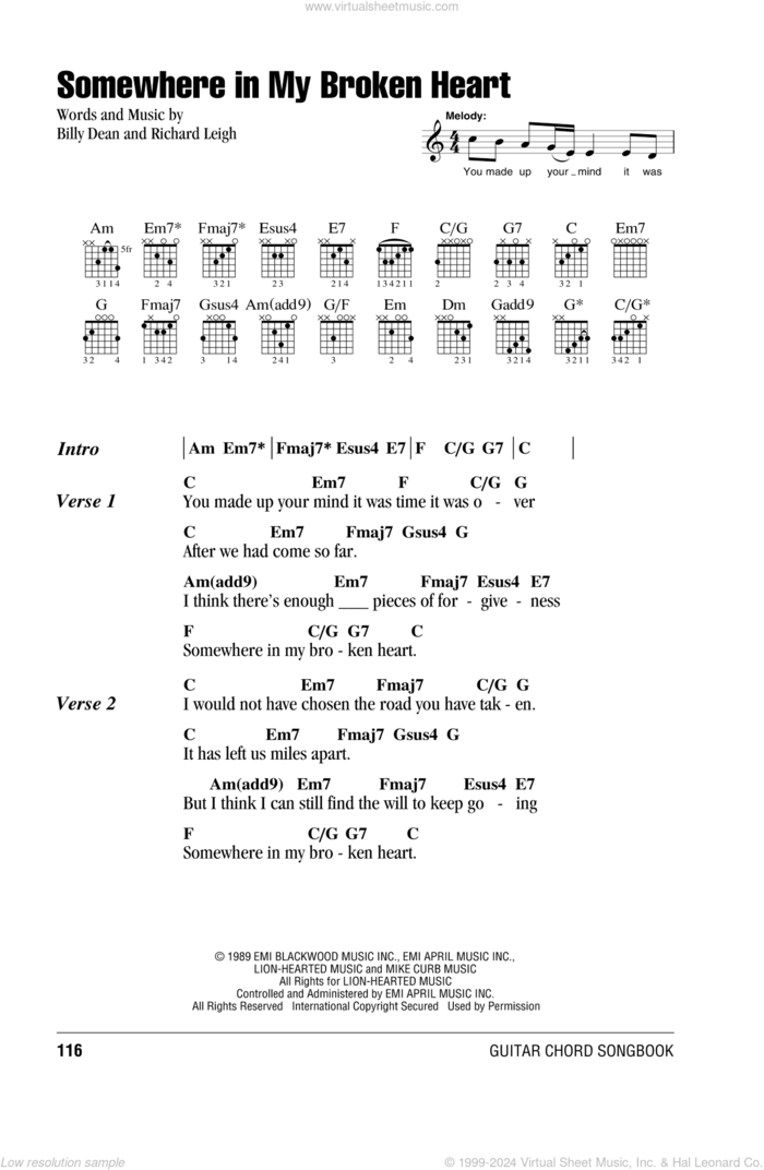 Somewhere In My Broken Heart sheet music for guitar (chords) by Billy Dean and Richard Leigh, intermediate skill level