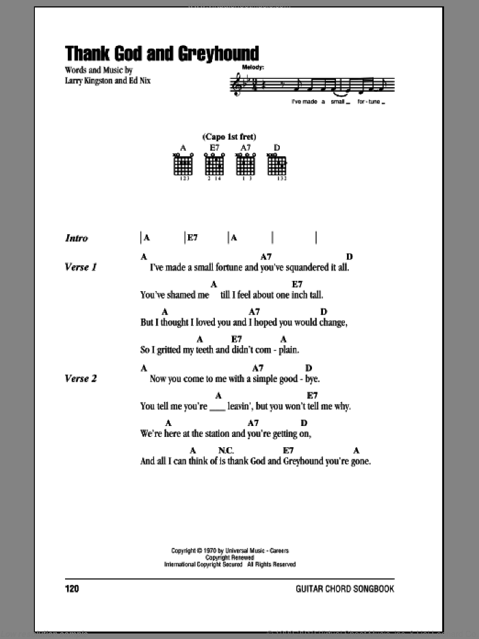 Thank God And Greyhound sheet music for guitar (chords) by Roy Clark, Ed Nix and Larry Kingston, intermediate skill level