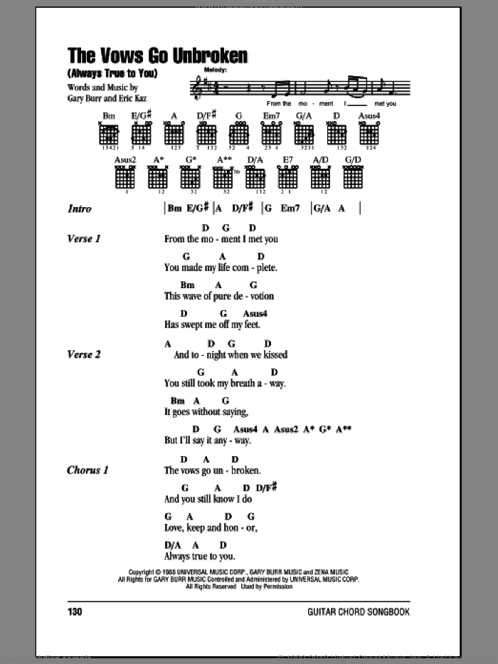 The Vows Go Unbroken (Always True To You) sheet music for guitar (chords) by Kenny Rogers, Eric Kaz and Gary Burr, wedding score, intermediate skill level