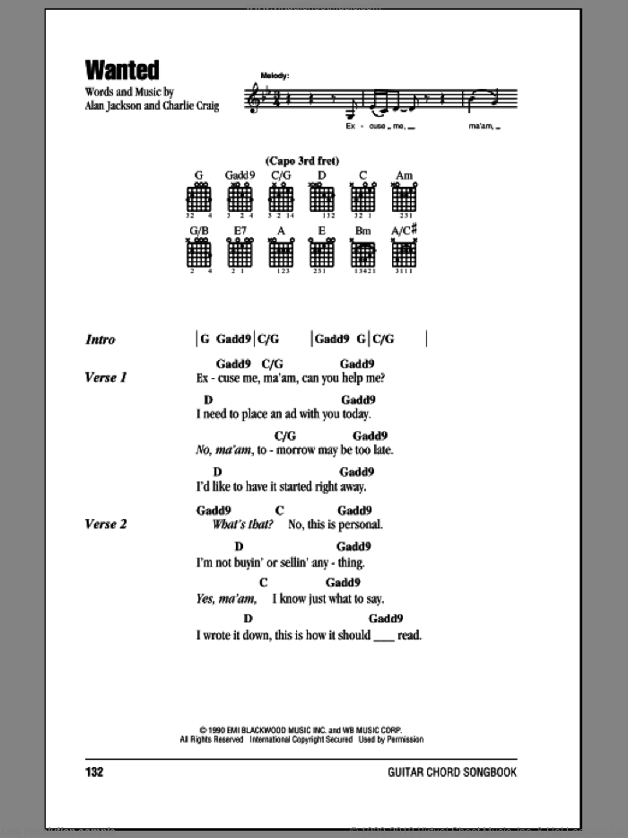 Wanted sheet music for guitar (chords) by Alan Jackson and Charlie Craig, intermediate skill level