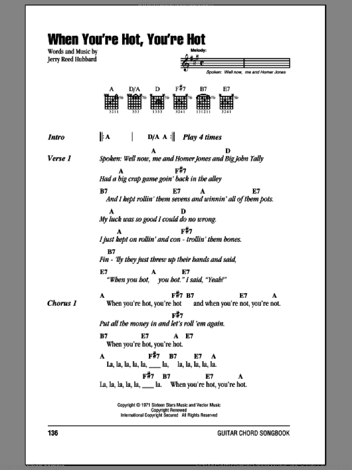 When You're Hot, You're Hot sheet music for guitar (chords) by Jerry Reed and Jerry Hubbard, intermediate skill level