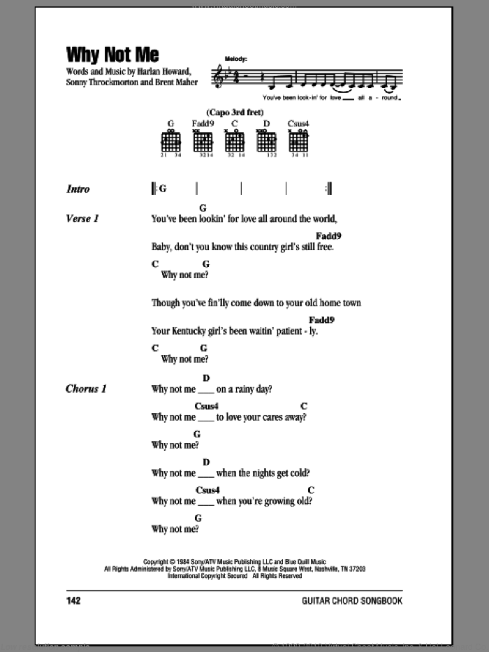Why Not Me sheet music for guitar (chords) by The Judds, Brent Maher, Harlan Howard and Sonny Throckmorton, intermediate skill level