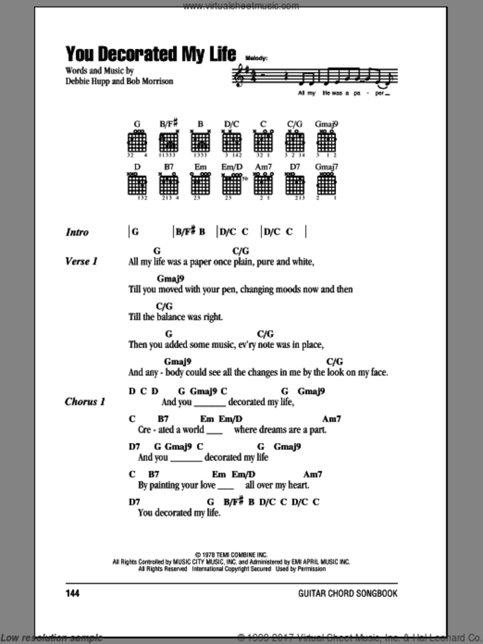You Decorated My Life sheet music for guitar (chords) by Kenny Rogers, Bob Morrison and Debbie Hupp, wedding score, intermediate skill level