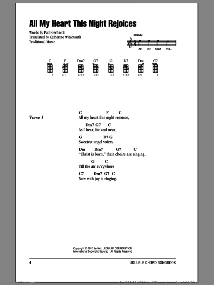 All My Heart This Night Rejoices sheet music for ukulele (chords) by Paul Gerhardt and Catherine Winkworth, intermediate skill level