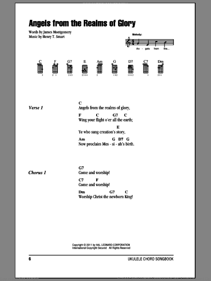 Angels From The Realms Of Glory sheet music for ukulele (chords) by James Montgomery and Henry T. Smart, intermediate skill level