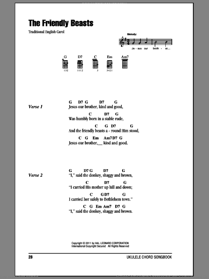 The Friendly Beasts sheet music for ukulele (chords), intermediate skill level