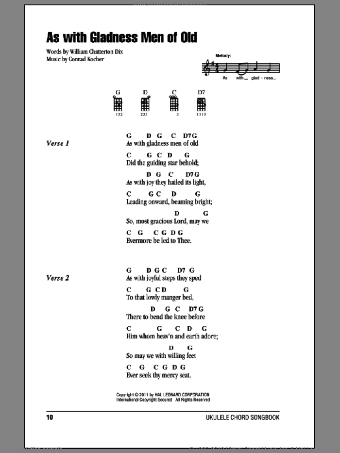 As With Gladness Men Of Old sheet music for ukulele (chords) by William Chatterton Dix and Conrad Kocher, intermediate skill level