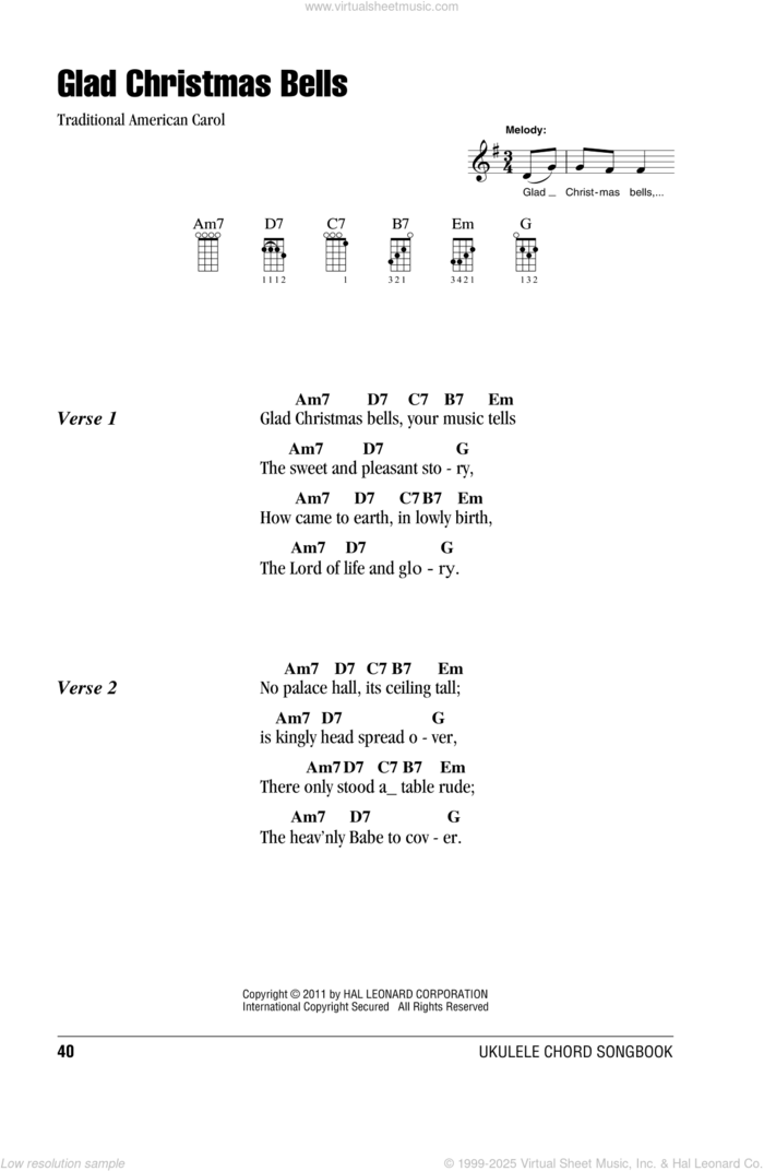 Glad Christmas Bells sheet music for ukulele (chords) by Traditional American Carol, intermediate skill level