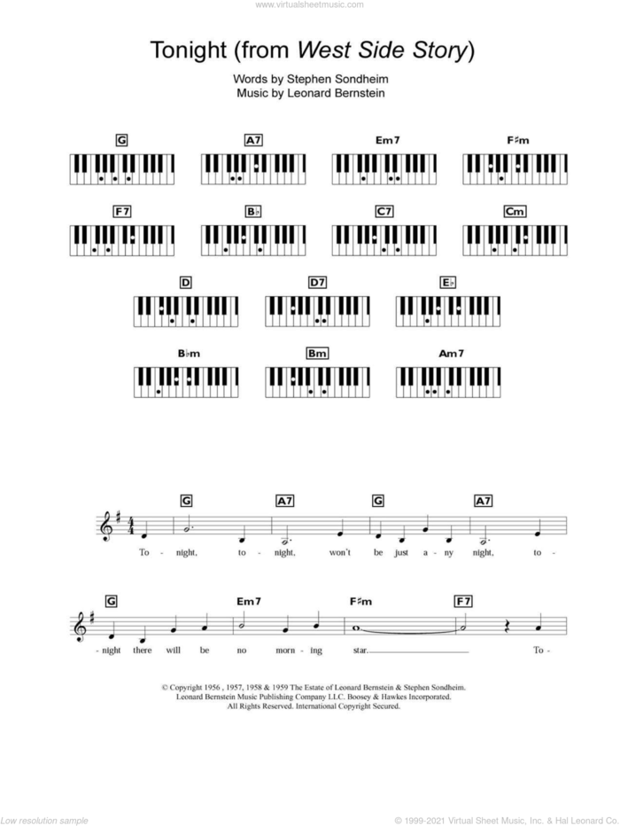 Tonight sheet music for piano solo (chords, lyrics, melody) by Leonard Bernstein, West Side Story (Musical) and Stephen Sondheim, intermediate piano (chords, lyrics, melody)