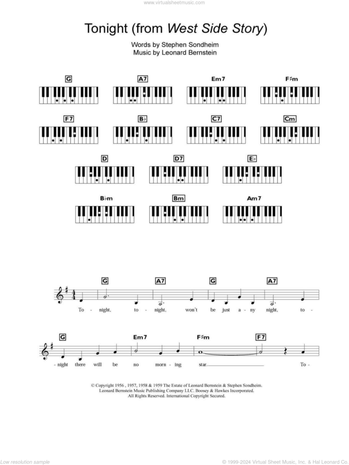 Tonight sheet music for piano solo (chords, lyrics, melody) by Leonard Bernstein, West Side Story (Musical) and Stephen Sondheim, intermediate piano (chords, lyrics, melody)