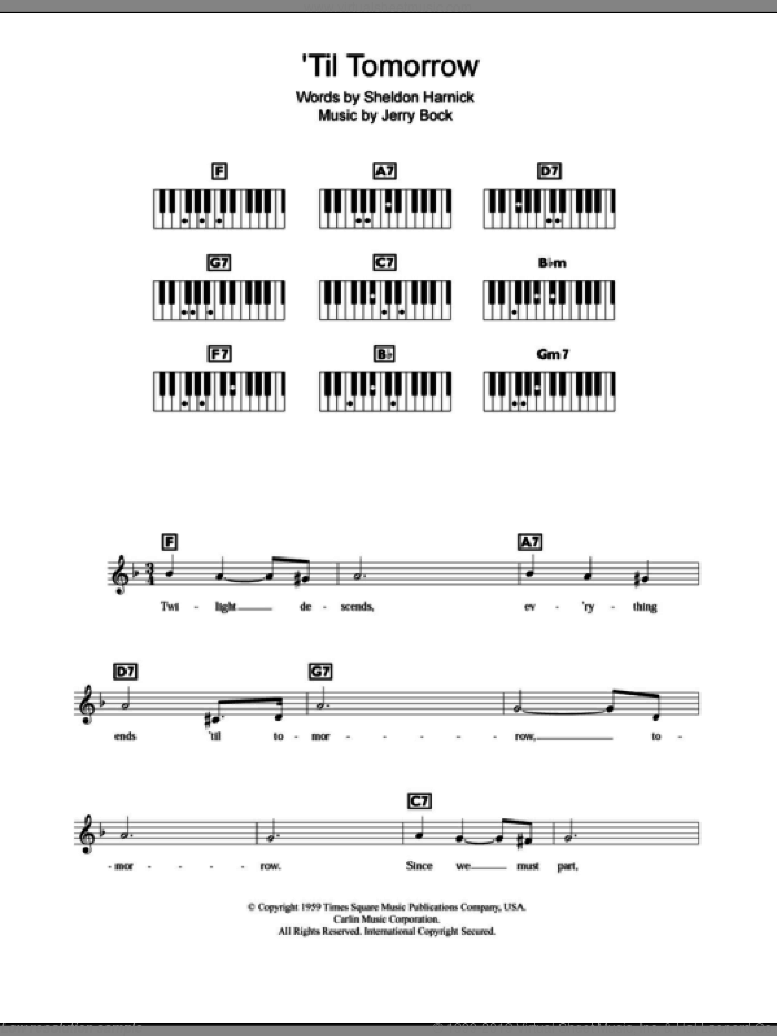 'Til Tomorrow sheet music for piano solo (chords, lyrics, melody) by Bock & Harnick, Jerry Bock and Sheldon Harnick, intermediate piano (chords, lyrics, melody)