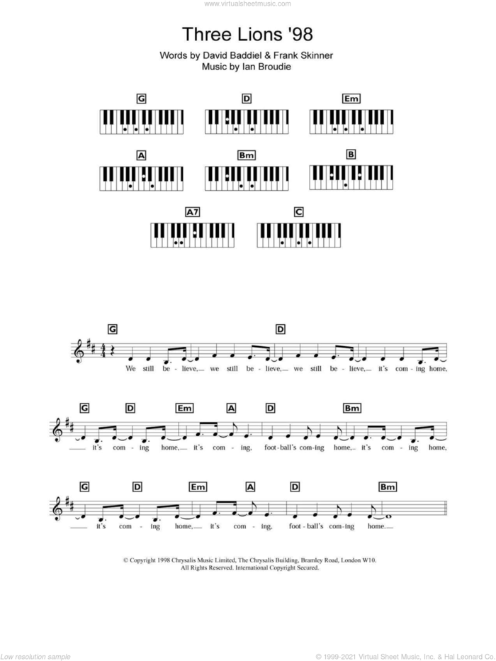Three Lions '98 (England's World Cup '98 Theme) sheet music for piano solo (chords, lyrics, melody) by The Lightning Seeds, David Baddiel, Frank Skinner and Ian Broudie, intermediate piano (chords, lyrics, melody)