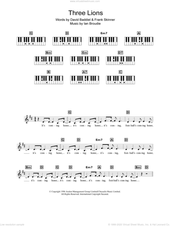Three Lions sheet music for piano solo (chords, lyrics, melody) by The Lightning Seeds, David Baddiel, Frank Skinner and Ian Broudie, intermediate piano (chords, lyrics, melody)