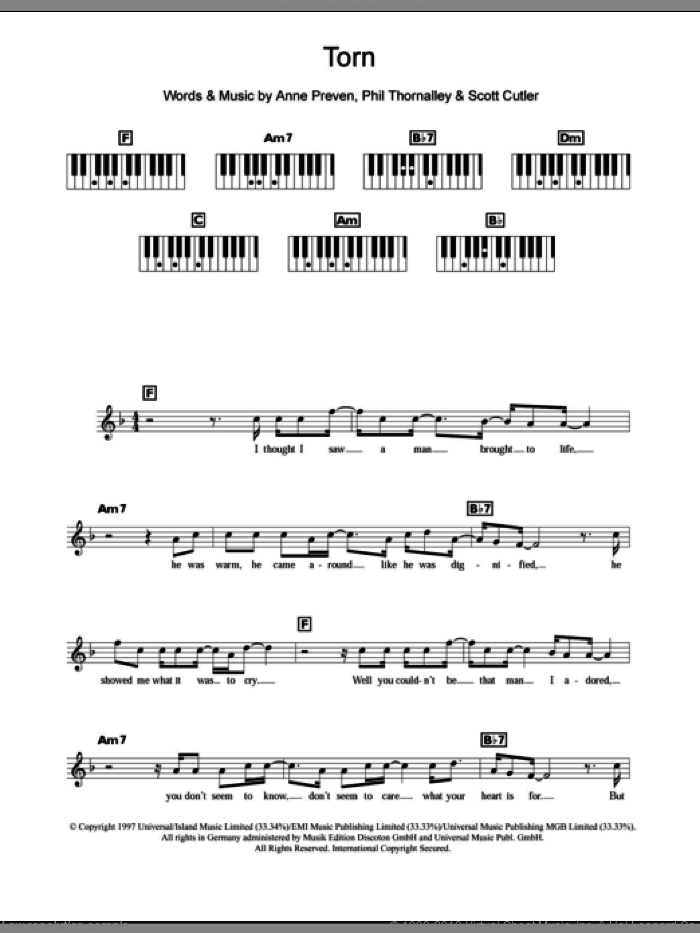 Torn sheet music for piano solo (chords, lyrics, melody) by Natalie Imbruglia, Anne Preven, Phil Thornalley and Scott Cutler, intermediate piano (chords, lyrics, melody)
