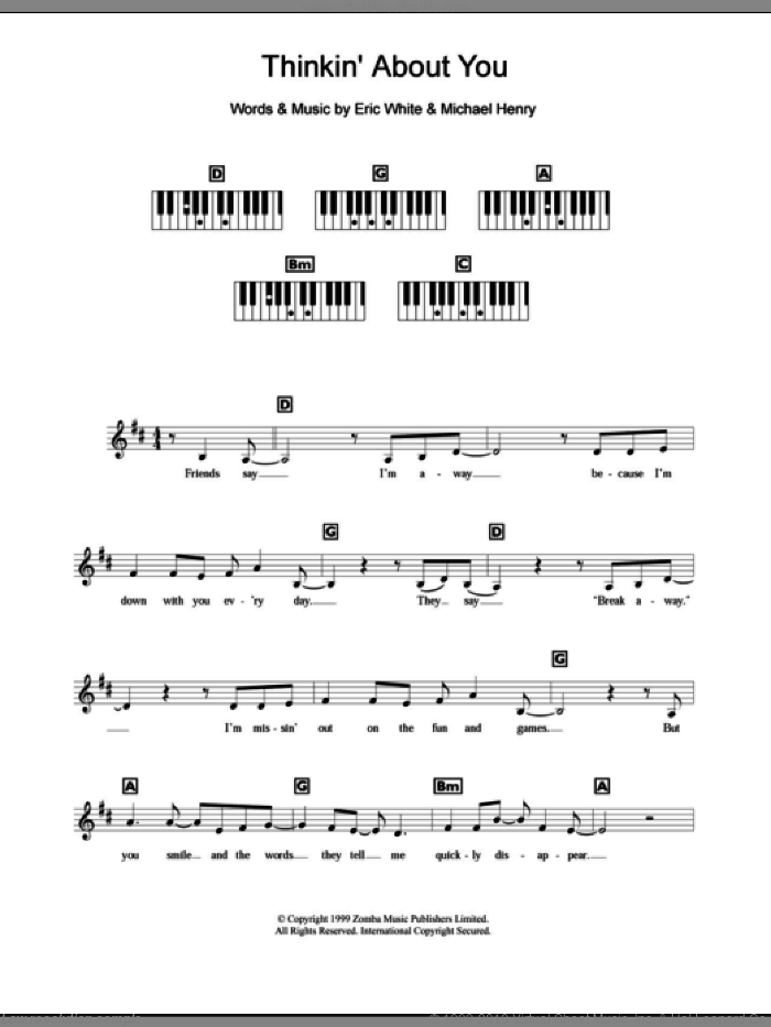 Thinkin' About You sheet music for piano solo (chords, lyrics, melody) by Britney Spears, Eric White and Michael Henry, intermediate piano (chords, lyrics, melody)