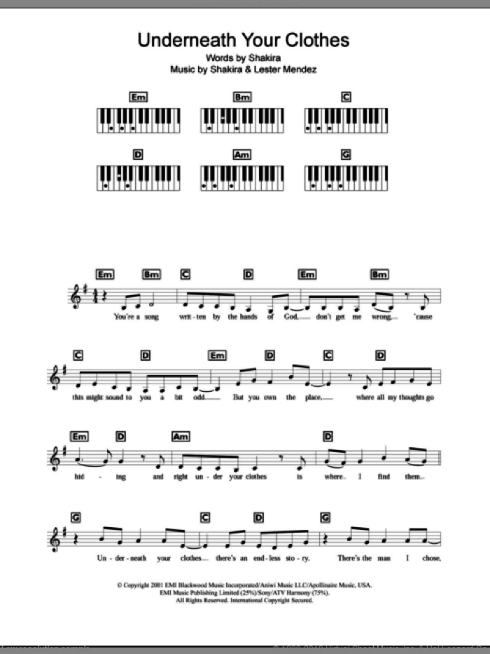 Underneath Your Clothes sheet music for piano solo (chords, lyrics, melody) by Shakira and Lester Mendez, intermediate piano (chords, lyrics, melody)