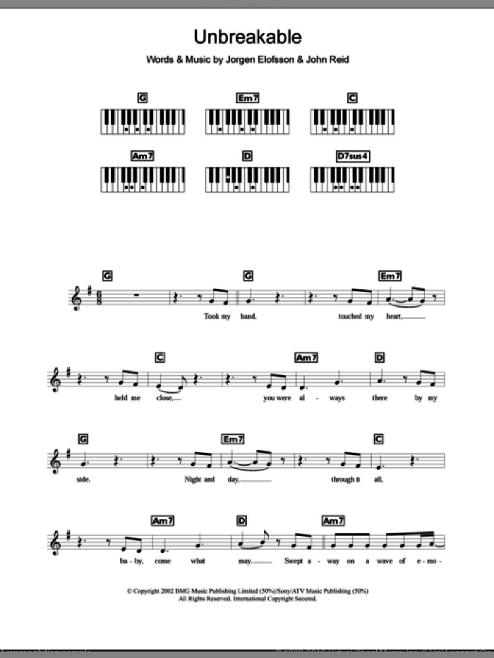 Unbreakable sheet music for piano solo (chords, lyrics, melody) by Westlife, John Reid and Jorgen Elofsson, intermediate piano (chords, lyrics, melody)