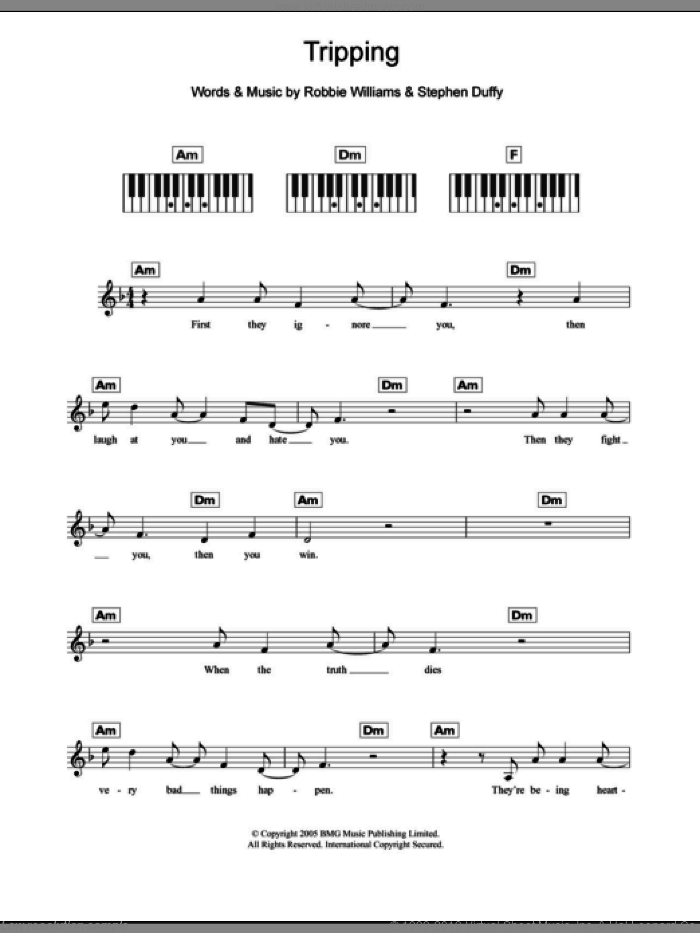 Tripping sheet music for piano solo (chords, lyrics, melody) by Robbie Williams and Stephen Duffy, intermediate piano (chords, lyrics, melody)