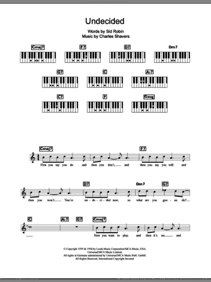 Undecided sheet music for piano solo (chords, lyrics, melody) by Ella Fitzgerald, Charles Shavers and Sid Robin, intermediate piano (chords, lyrics, melody)