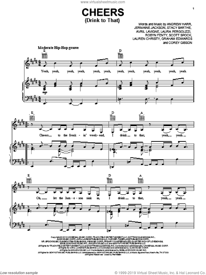 Cheers (Drink To That) sheet music for voice, piano or guitar by Rihanna, Andrew Harr, Avril Lavigne, Corey Gibson, Graham Edwards, Jermaine Jackson, Laura Pergolizzi, Lauren Christy, Robyn Fenty, Scott Spock and Stacy Barthe, intermediate skill level