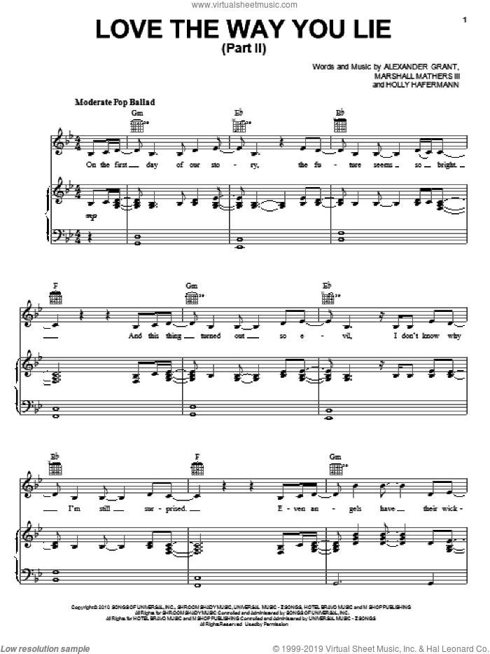 Love The Way You Lie, Pt. 2 sheet music for voice, piano or guitar by Rihanna feat. Eminem, Eminem, Rihanna, Alexander Grant, Holly Hafermann and Marshall Mathers III, intermediate skill level
