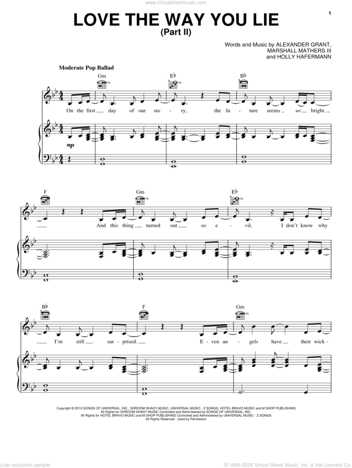 Love The Way You Lie, Pt. 2 sheet music for voice, piano or guitar by Rihanna feat. Eminem, Eminem, Rihanna, Alexander Grant, Holly Hafermann and Marshall Mathers III, intermediate skill level