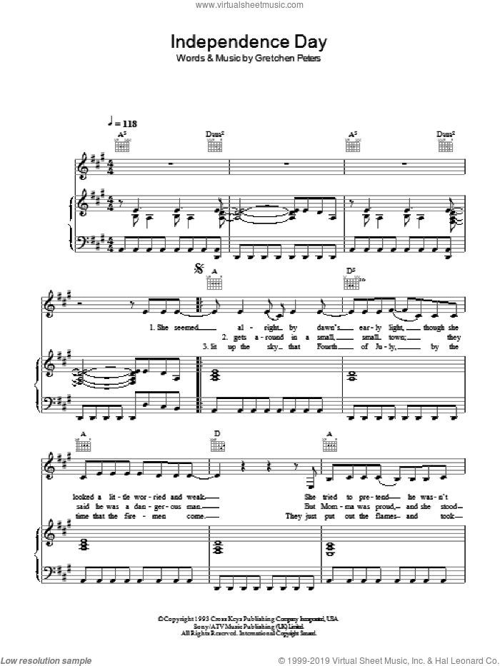 Independence Day sheet music for voice, piano or guitar by Martina McBride and Gretchen Peters, intermediate skill level