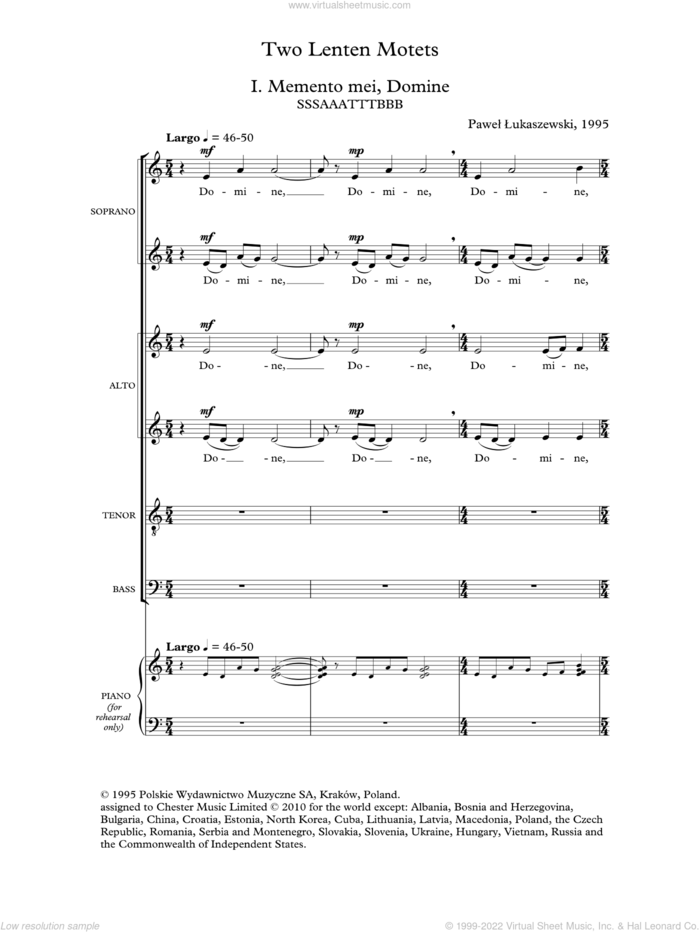 Two Lenten Motets sheet music for choir (SATB: soprano, alto, tenor, bass) by Pawel Lukaszewski, intermediate skill level