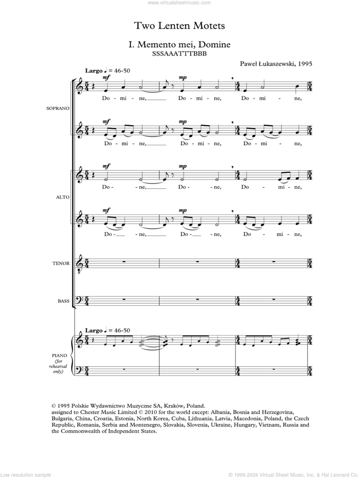 Two Lenten Motets sheet music for choir (SATB: soprano, alto, tenor, bass) by Pawel Lukaszewski, intermediate skill level