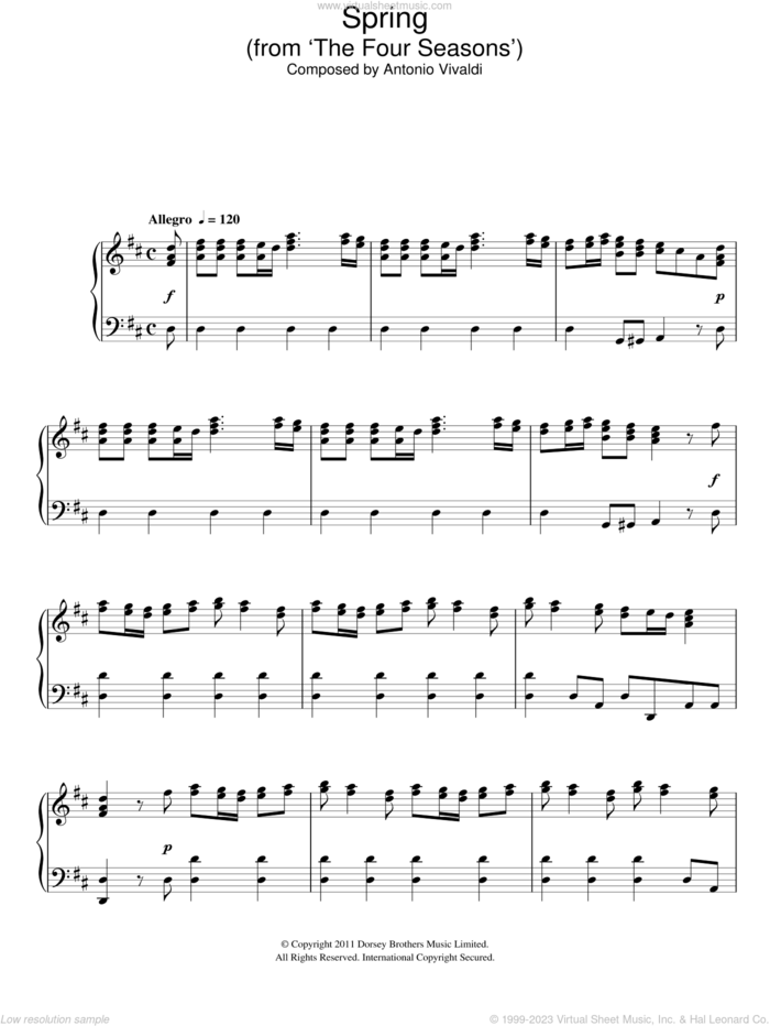 Spring (from The Four Seasons) sheet music for piano solo by Antonio Vivaldi, classical score, intermediate skill level