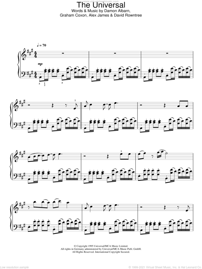 The Universal sheet music for piano solo by Blur, Alex James, Damon Albarn, David Rowntree and Graham Coxon, intermediate skill level