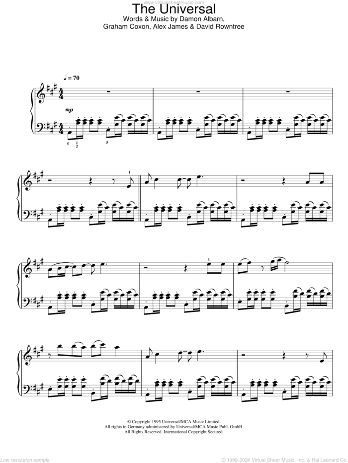 The Universal sheet music for piano solo by Blur, Alex James, Damon Albarn, David Rowntree and Graham Coxon, intermediate skill level