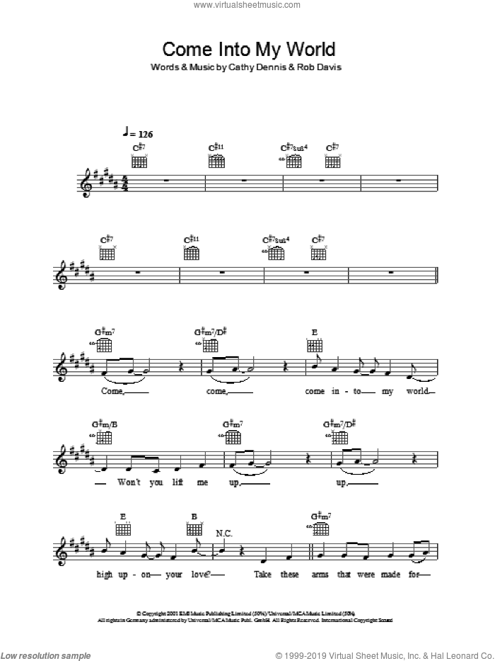 Come Into My World sheet music for voice and other instruments (fake book) by Kylie Minogue, Cathy Dennis and Rob Davis, intermediate skill level
