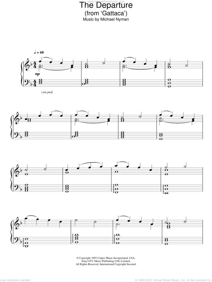 The Departure (from Gattaca) sheet music for piano solo by Michael Nyman, intermediate skill level