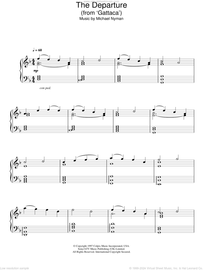 The Departure (from Gattaca) sheet music for piano solo by Michael Nyman, intermediate skill level