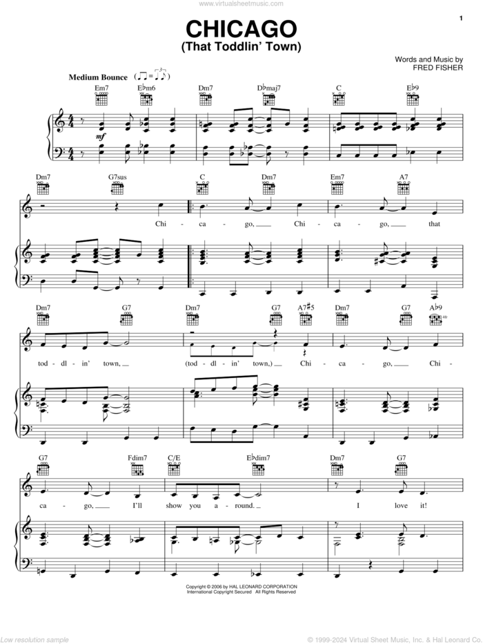 Chicago (That Toddlin' Town) sheet music for voice, piano or guitar by Frank Sinatra and Fred Fisher, intermediate skill level