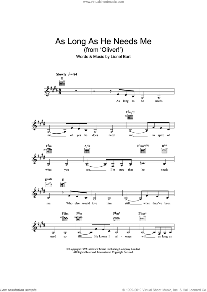 As Long As He Needs Me (from Oliver!) sheet music for voice and other instruments (fake book) by Lionel Bart, Oliver! and Oliver! (Musical), intermediate skill level