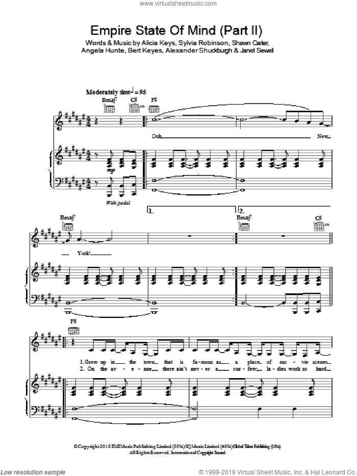 Empire State Of Mind (Part II) Broken Down sheet music for voice, piano or guitar by Alicia Keys, Al Shuckburgh, Angela Hunte, Bert Keyes, Janet Sewell, Shawn Carter and Sylvia Robinson, intermediate skill level