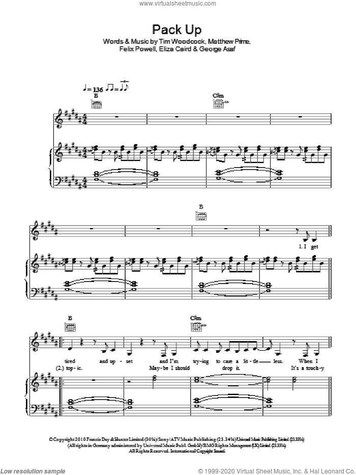 Pack Up sheet music for voice, piano or guitar by Eliza Doolittle, Eliza Caird, Felix Powell, George Asaf, Matthew Prime and Tim Woodcock, intermediate skill level