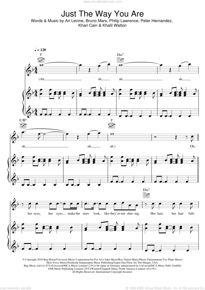 Just The Way You Are sheet music for voice, piano or guitar by Bruno Mars, Ari Levine, Khalil Walton, Khari Cain, Peter Hernandez and Philip Lawrence, wedding score, intermediate skill level
