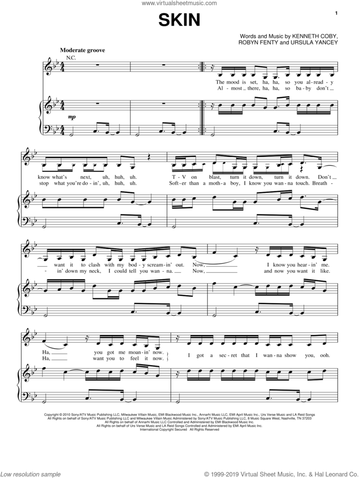 Skin sheet music for voice, piano or guitar by Rihanna, Kenneth Coby, Robyn Fenty and Ursula Yancey, intermediate skill level
