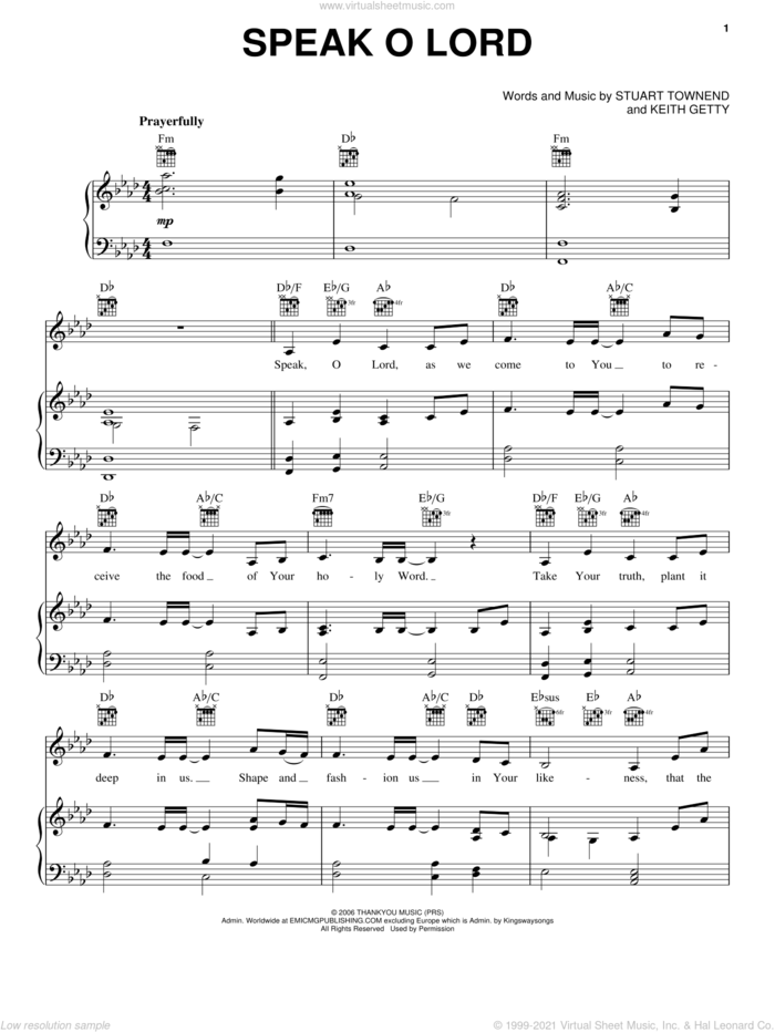 Speak O Lord sheet music for voice, piano or guitar by Stuart Townend, Keith & Kristyn Getty and Keith Getty, intermediate skill level
