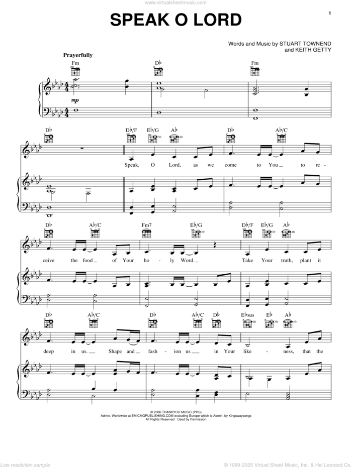 Speak O Lord sheet music for voice, piano or guitar by Stuart Townend, Keith & Kristyn Getty and Keith Getty, intermediate skill level