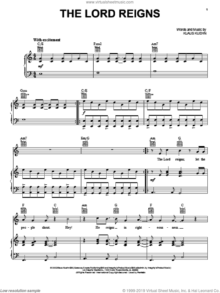 The Lord Reigns sheet music for voice, piano or guitar by Klaus Kuehn, intermediate skill level