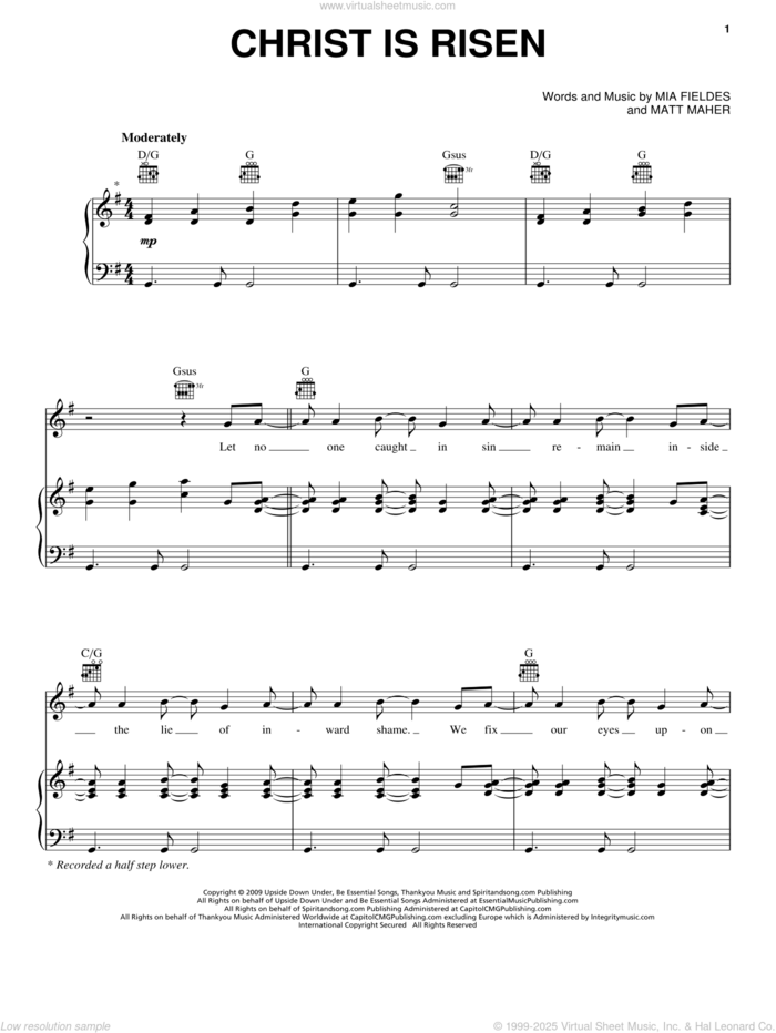 Christ Is Risen sheet music for voice, piano or guitar by Mia Fieldes and Matt Maher, intermediate skill level